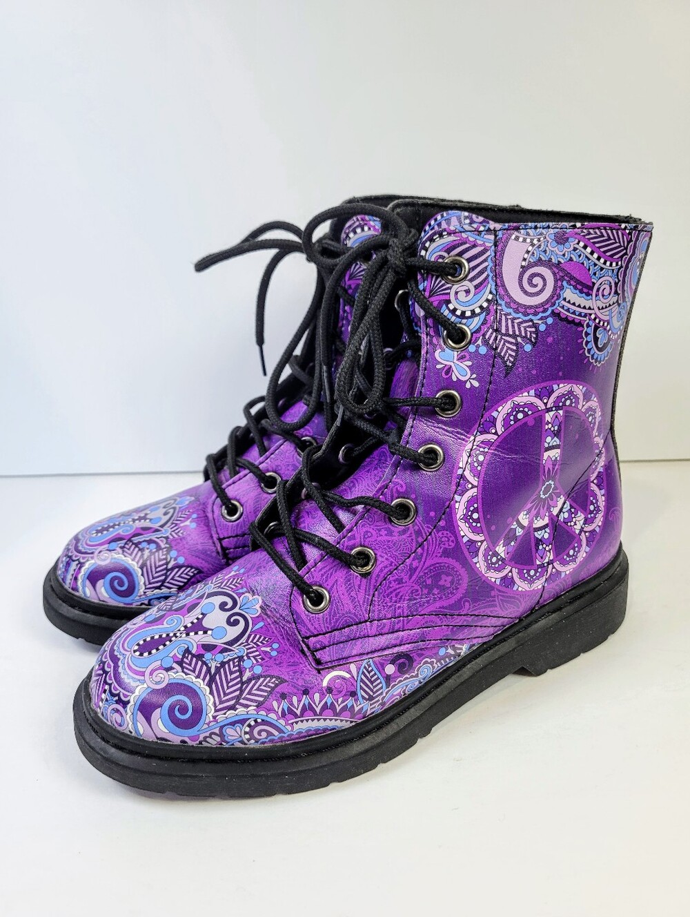 Yes We Vibe Purple Peace Mandala Combat Lace Up Boots Hippie Whimsigoth Grunge